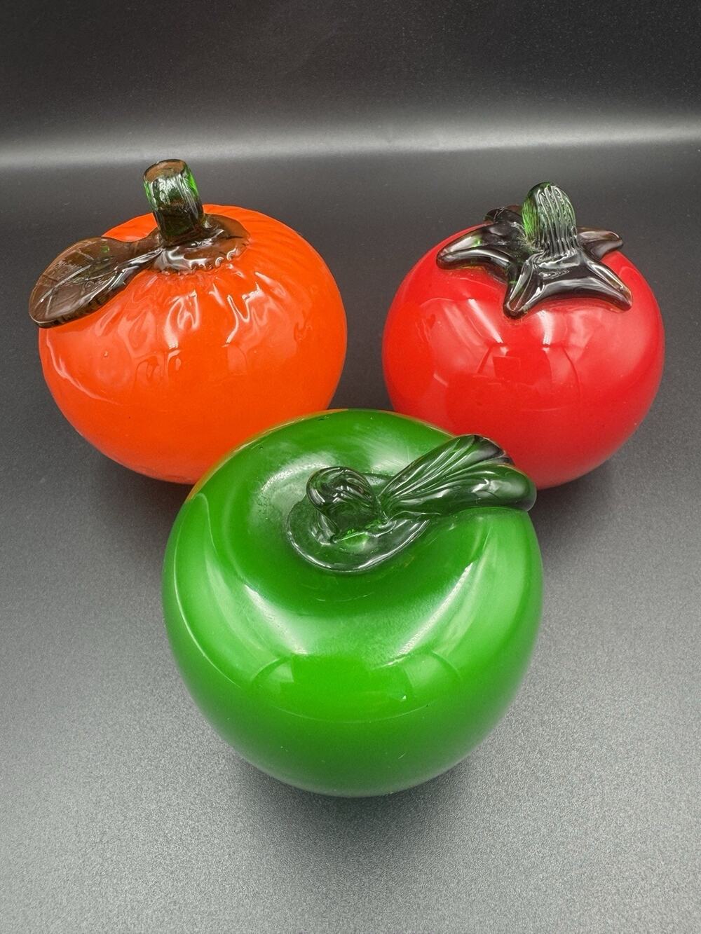 Vintage Hand Blown Art Glass 3-4” Fruit Set Orange Apple Tomato Murano Style